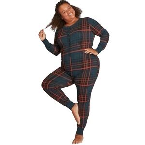 Hearth & Hand Magnolia Blue Plaid Holiday Pajama Union Suit One Piece M